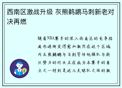 西南区激战升级 灰熊鹈鹕马刺新老对决再燃